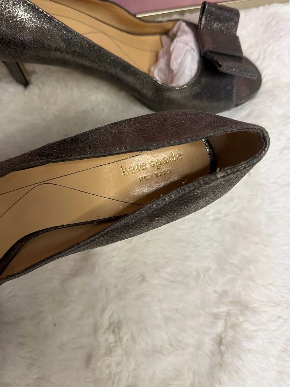 Kate Spade Bow Peep Toe Heels Metallic Pewter Pumps Size 8.5M Wedding Party